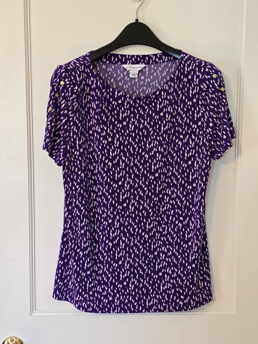Worthington Purple Short Sleeve Printed Top with Button Accents